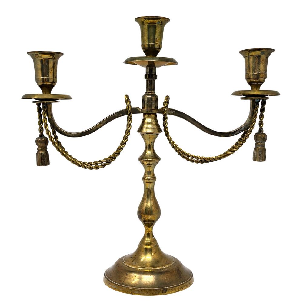 Vintage Solid Brass 3 Arm Candelabra Twisted Rope Candle Holder India